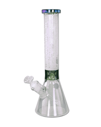 Gesamtansicht der BLAZE Sphinx Beaker Bong Ice aus Borosilikatglas in grün und regenbogenfarben.