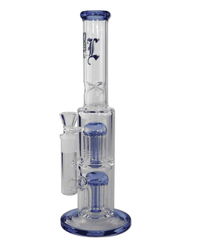 Seitenansicht der Black Leaf Icebong mit 2x 8-Arm Baumperkolator, gefertigt aus blauem Borosilikatglas.
