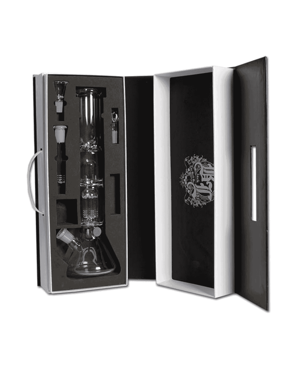 Glasbong im Koffer von Black Leaf mit Baumperkolator, KrĂ€uterkopf, Ălkopf und Diffusoradapter
