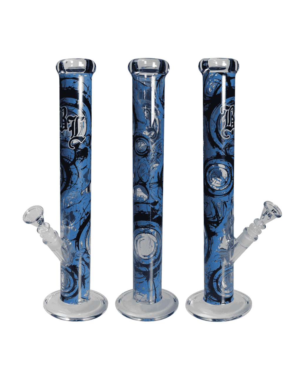 Black Leaf Zylinderbong mit schöner blauer Beschriftung und einzigartiges Design zum Rauchen von Kräutern.