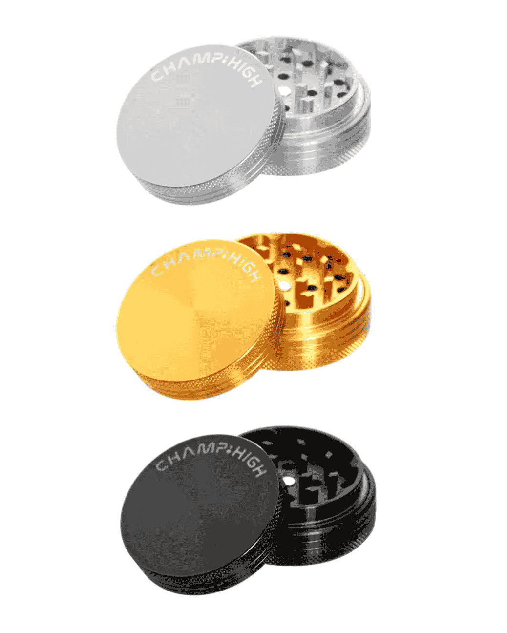 CHAMP HIGH Grinder in schönem Gold. Mit Rillen am Rand zum besseren Halt. Zum Zerkleinern von Kräutern.