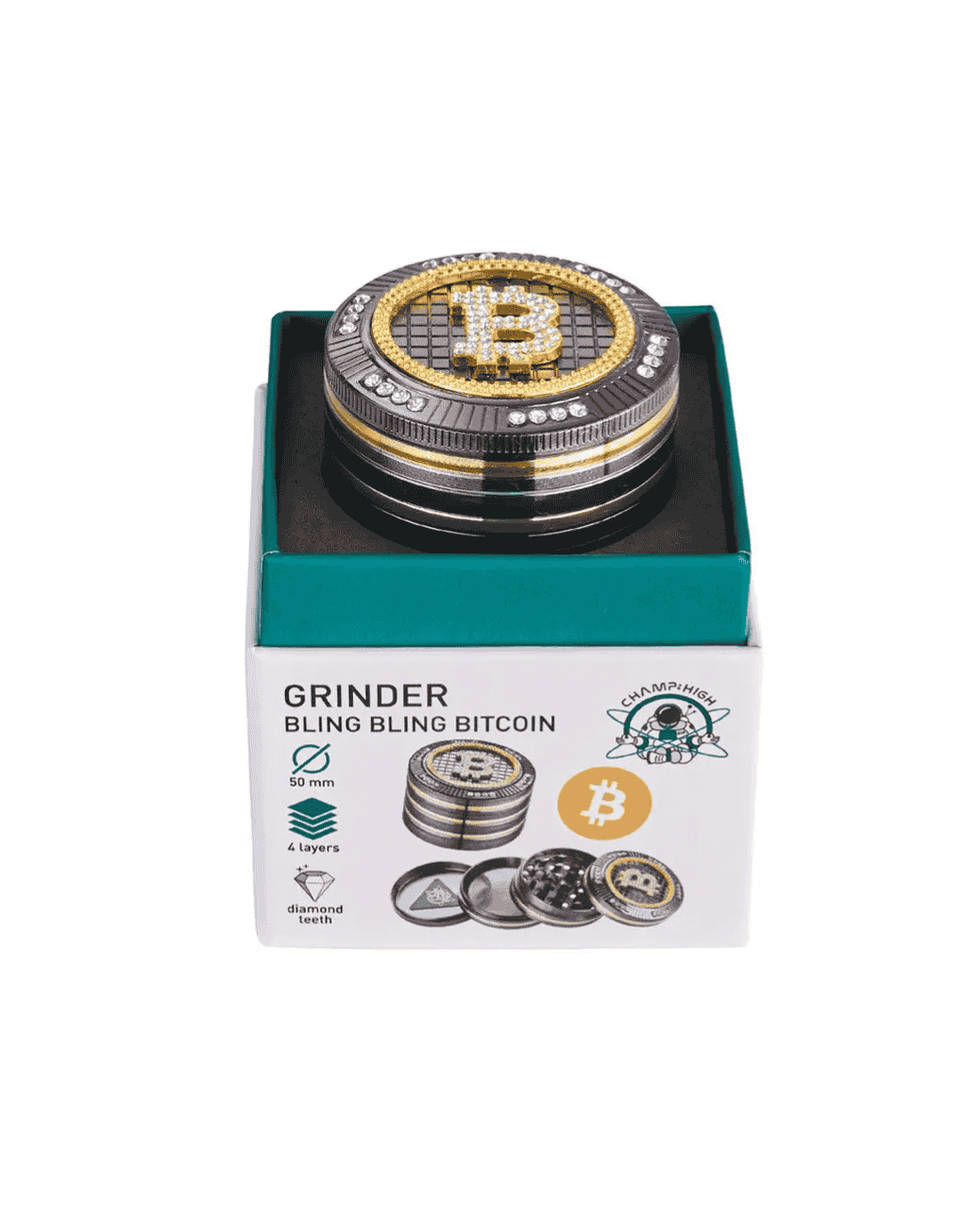 Champ High Grinder mit Bitcoin Motiv, mit Glitzersteine in schwarz gold. Zum Zerkleinern von Kräutern.