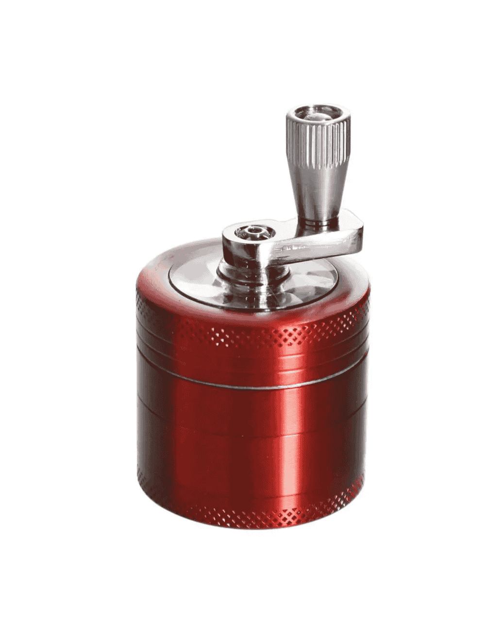 Mini Grinder 4-teilig zum Verkleinern von Kräutern mit Handkurbel in rot.