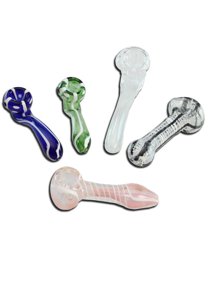 Handpfeifenset – 6 Spoon-Pipes aus Glas mit verschiedenen Designs - 80–110 mm, 5er Set (2 Spoon + 3 Sherlock)