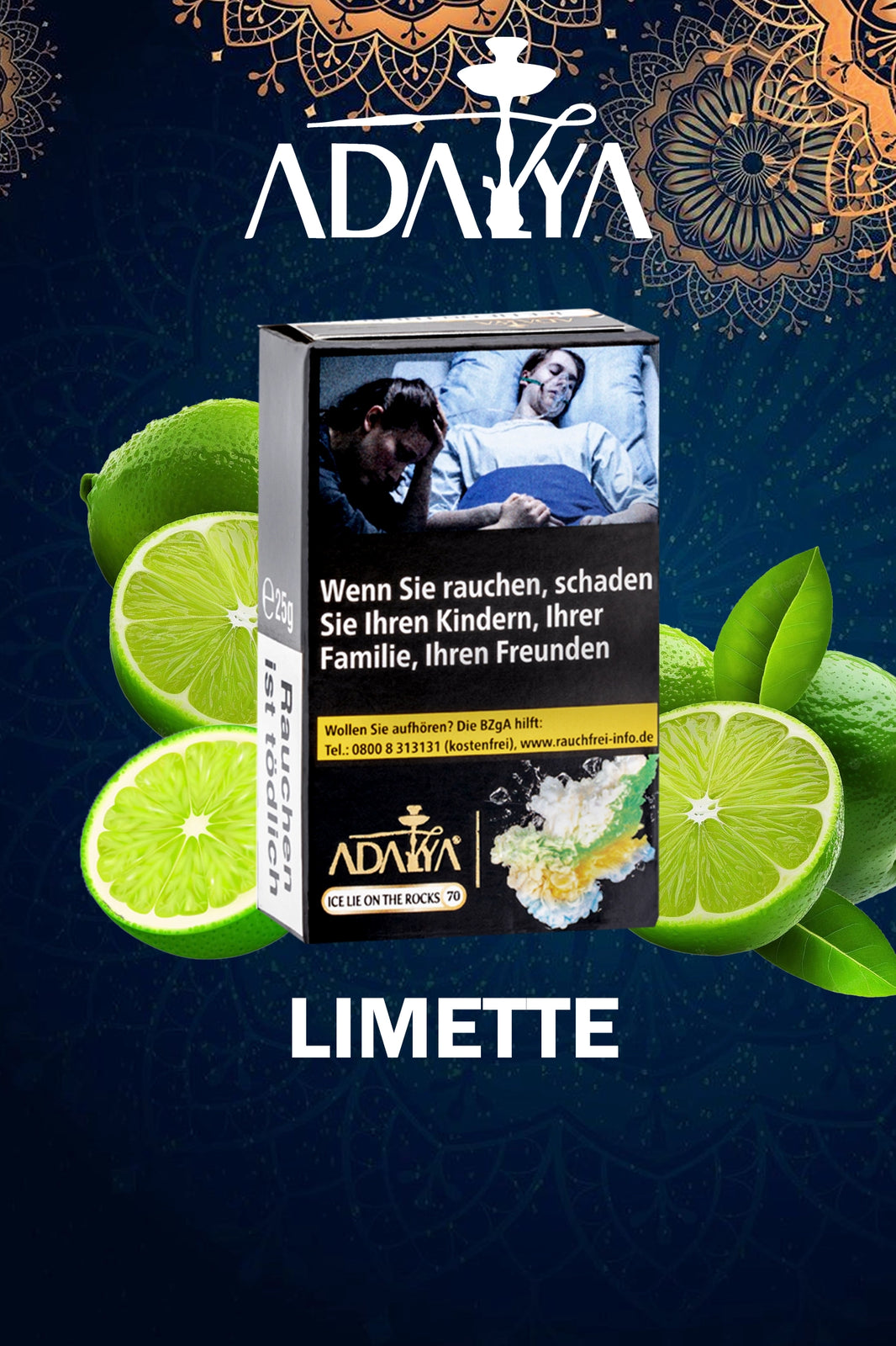 Adalya Shisha-Tabak Ice Lie On The Rocks in einem 25 Gramm Paket zum Rauchen in einem Shishakopf. 