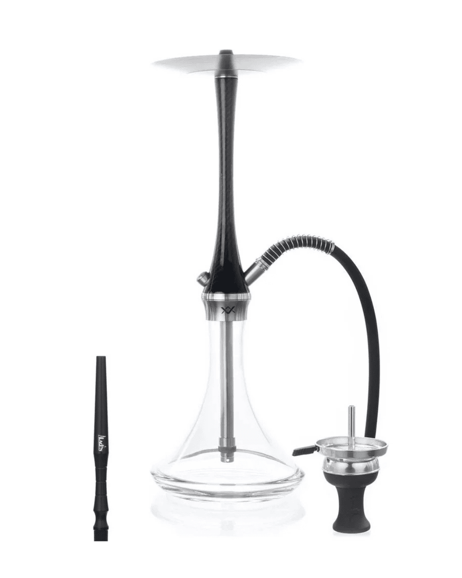 Elegante Valentino Full Carbon Shisha mit Schlauch, passendem Mundstück und Kopf in schwarz. Zum Rauchen von Shishatabak.