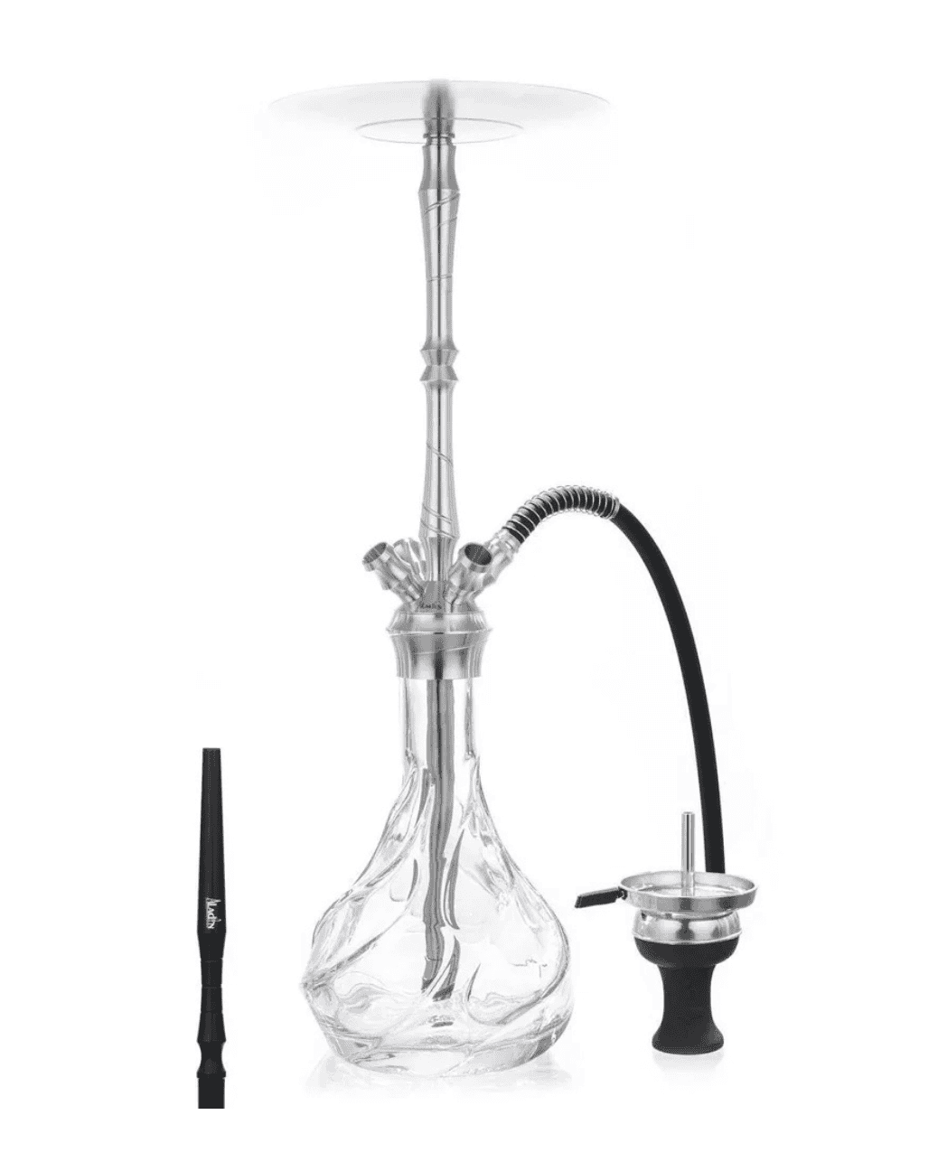 Elegante Aladin Shisha MVP 670 – Wave mit Schlauch, passendem Mundstück und Kopf in Clear. Zum Rauchen von Shishatabak.