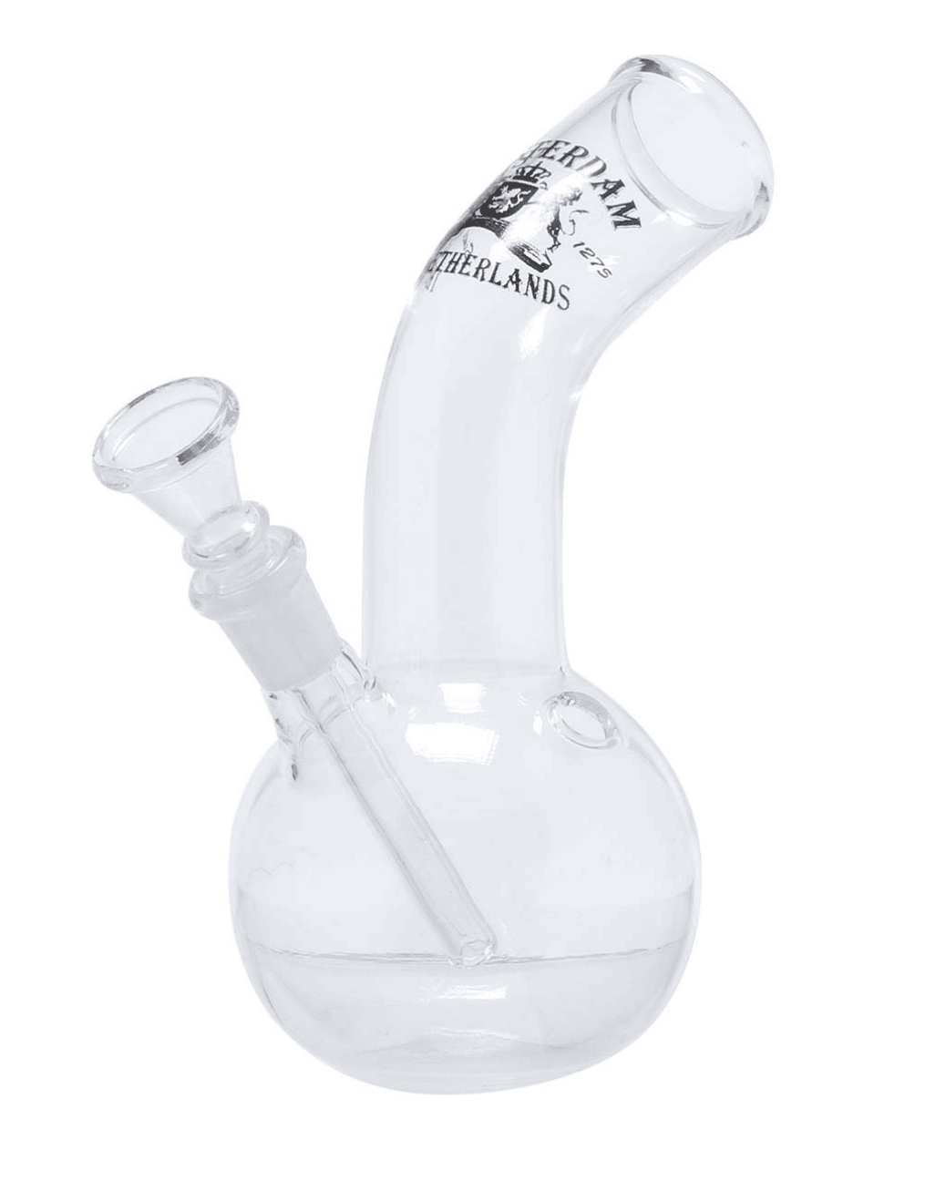 Seitenansicht der Amsterdam Glass Bong mit einem klaren Blick auf das Amsterdam-Logo und den gebogenen Hals.