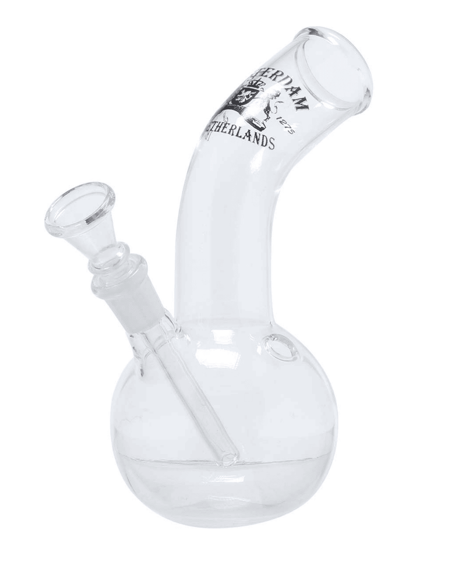 Seitenansicht der Amsterdam Glass Bong mit einem klaren Blick auf das Amsterdam-Logo und den gebogenen Hals.