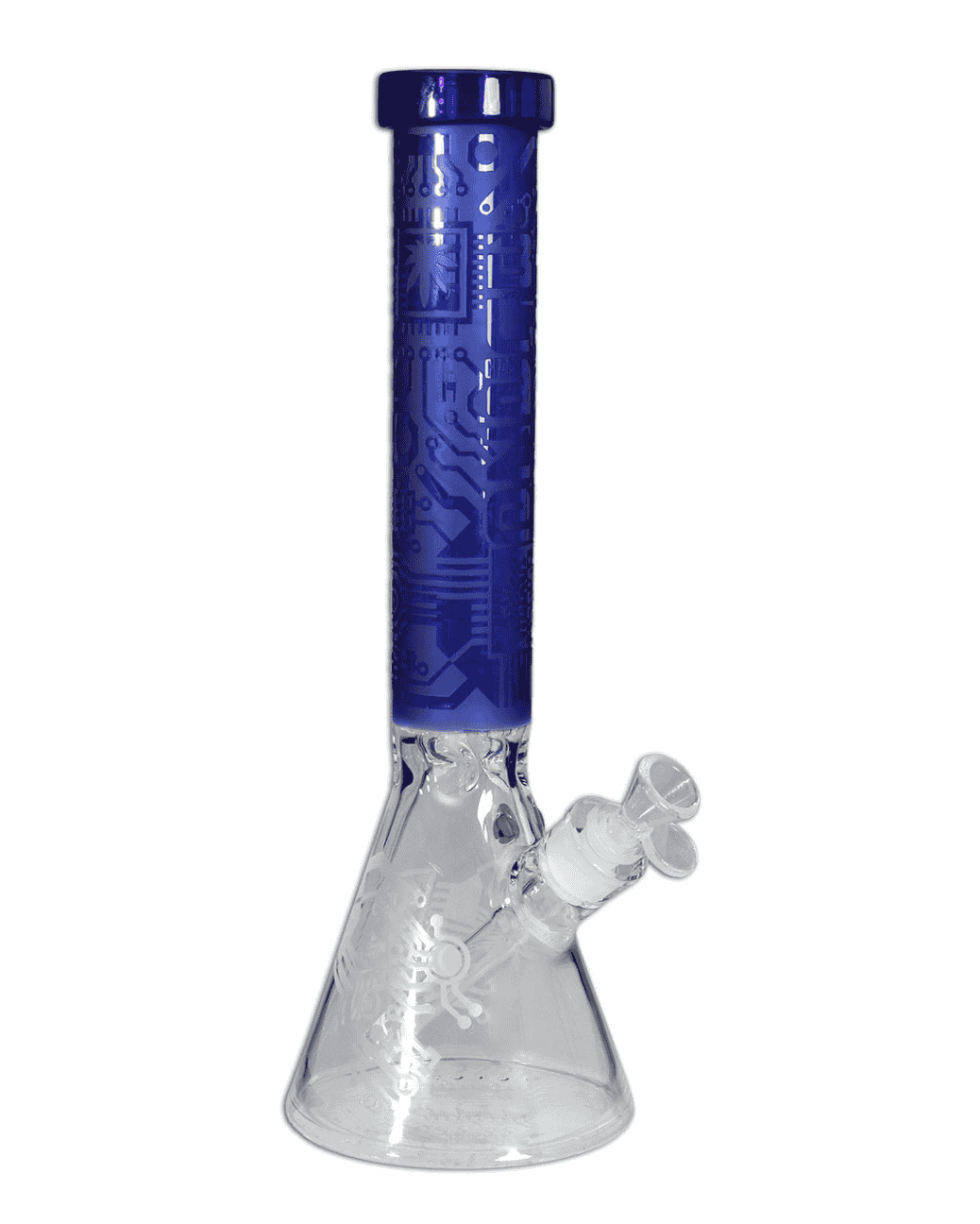 Seitenansicht der BLAZE Beakerbong Ice in aquamarin mit 380mm Höhe und Blaze Glass Logo