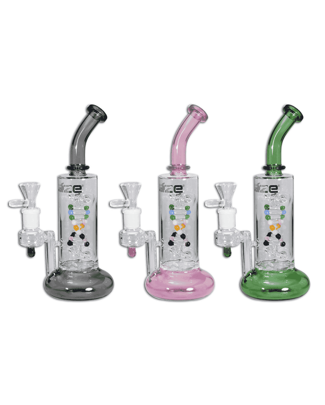 Gesamtansicht des BLAZE Bubbler DNA aus grünem Borosilikatglas mit Blaze Glass Logo, Höhe 260mm