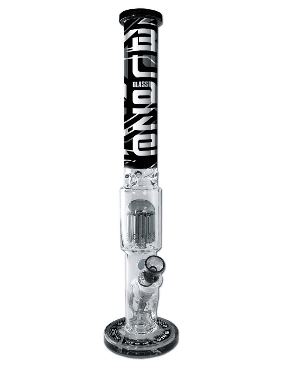 Seitenansicht der BLAZE Cyberpunk Zylinderbong aus klarem und grauem Borosilikatglas mit Ice Baumperkolator