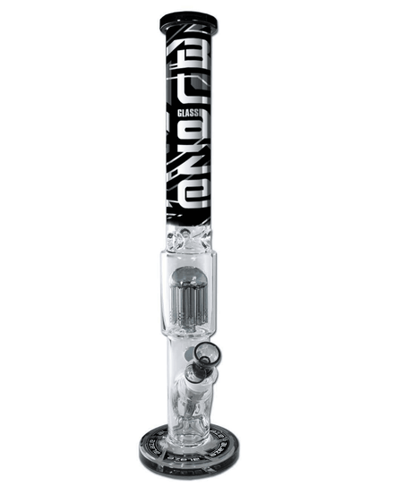 Seitenansicht der BLAZE Cyberpunk Zylinderbong aus klarem und grauem Borosilikatglas mit Ice Baumperkolator