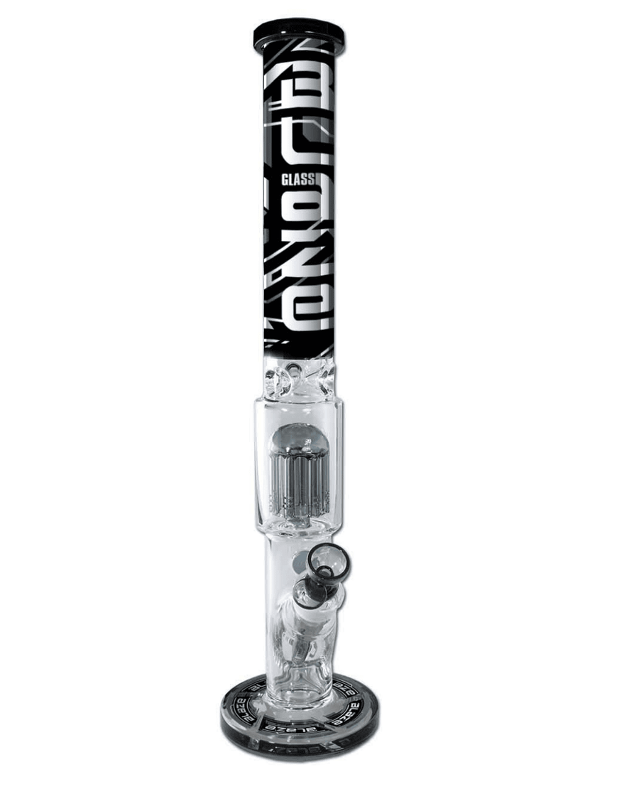 Seitenansicht der BLAZE Cyberpunk Zylinderbong aus klarem und grauem Borosilikatglas mit Ice Baumperkolator