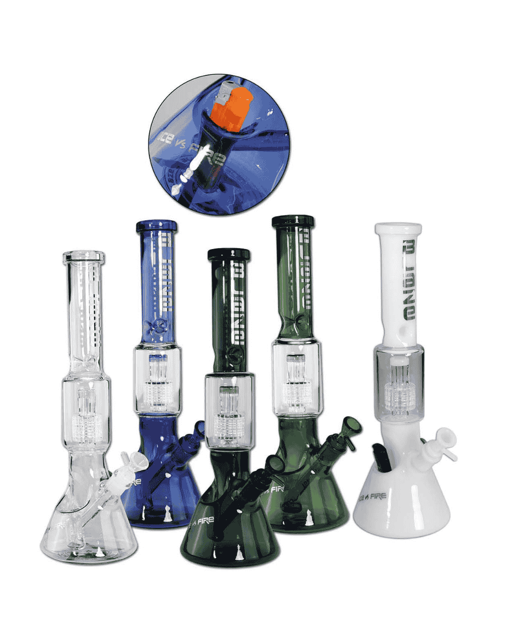 Gesamtansicht der BLAZE Icebong Ice vs. Fire mit blauem Borosilikatglas und Trommelperkolator, Höhe 400mm.