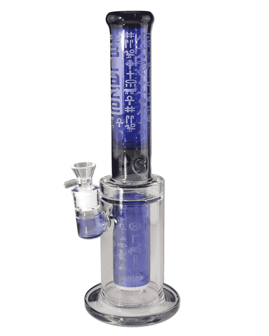 Detailansicht des einzigartigen Hieroglyphen-Designs auf der BLAZE Pharaonin Zylinderbong Ice, das den ägyptischen Stil unterstreicht.