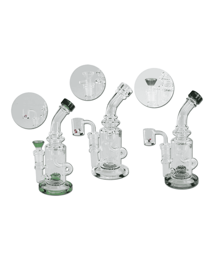 Seitenansicht der BLAZE Recyclebong aus klarem Borosilikatglas mit Blaze Glass Logo