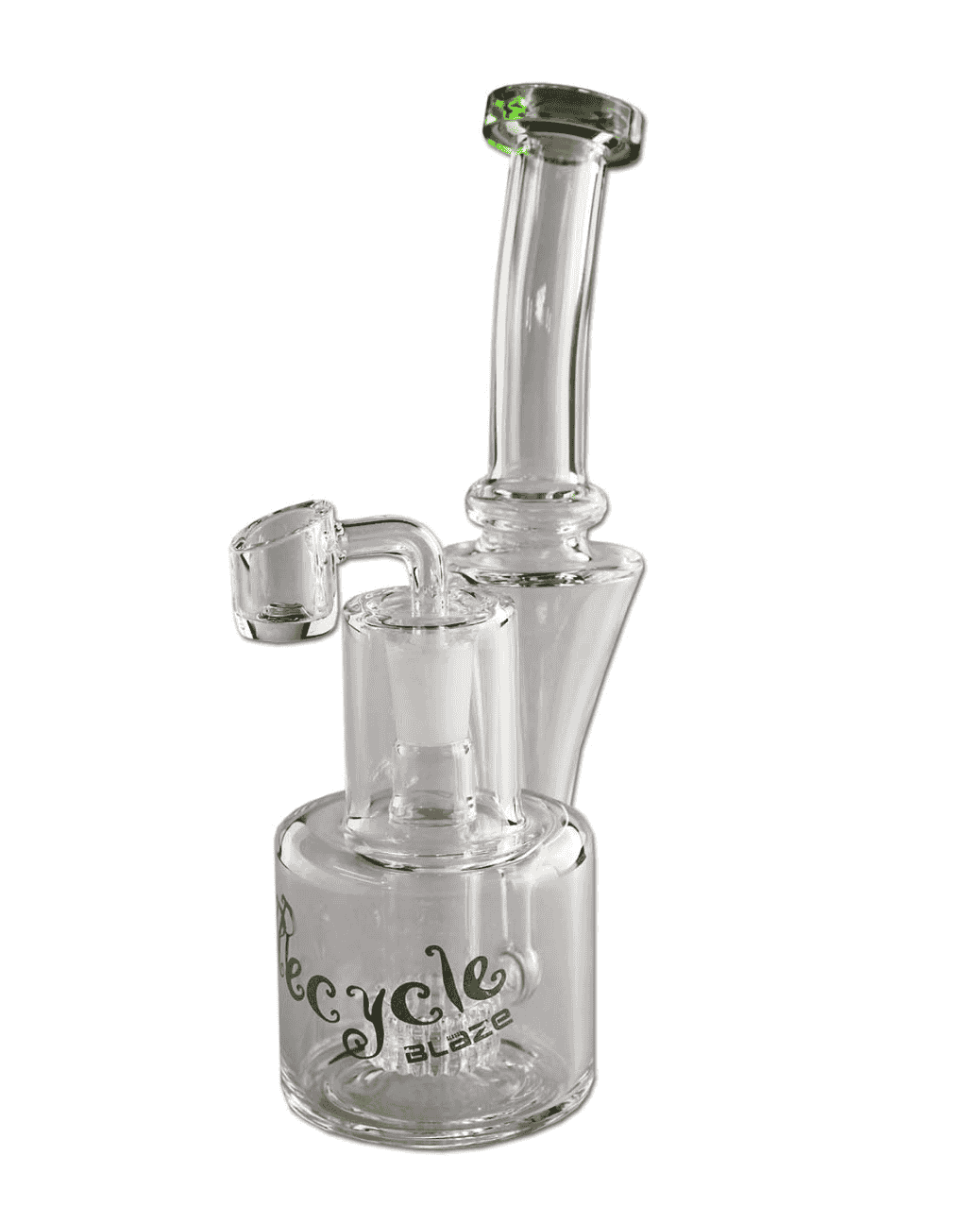 Seitenansicht des BLAZE Recycler Glasbubbler mit Trommelperkolator aus Borosilikatglas