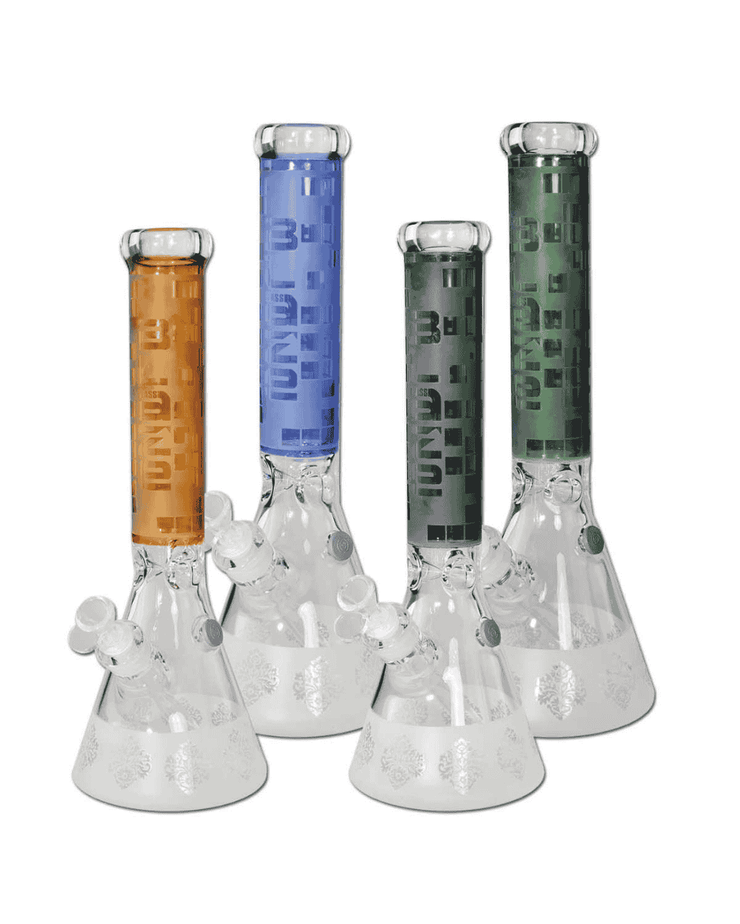 Gesamtansicht der BLAZE Sandblazer Beaker Bong Ice aus blauem Borosilikatglas mit BLAZE GLASS Logo