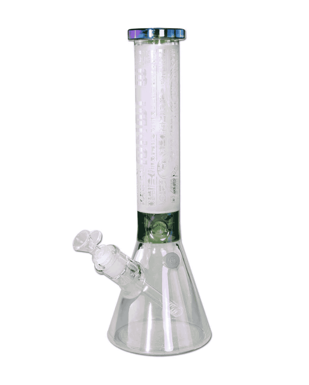 Gesamtansicht der BLAZE Sphinx Beaker Bong Ice aus Borosilikatglas in grün und regenbogenfarben.