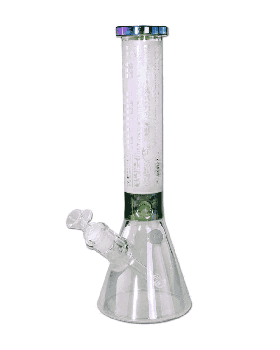Gesamtansicht der BLAZE Sphinx Beaker Bong Ice aus Borosilikatglas in grün und regenbogenfarben.