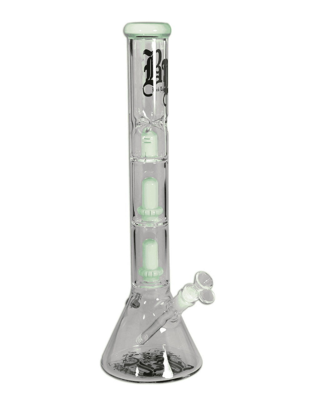 Frontansicht der BL Beaker Icebong mit zwei Ufoperkolatoren und hellgrünem Borosilikatglas, Höhe 465mm.