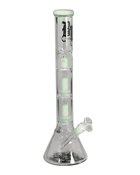 Frontansicht der BL Beaker Icebong mit zwei Ufoperkolatoren und hellgrünem Borosilikatglas, Höhe 465mm.