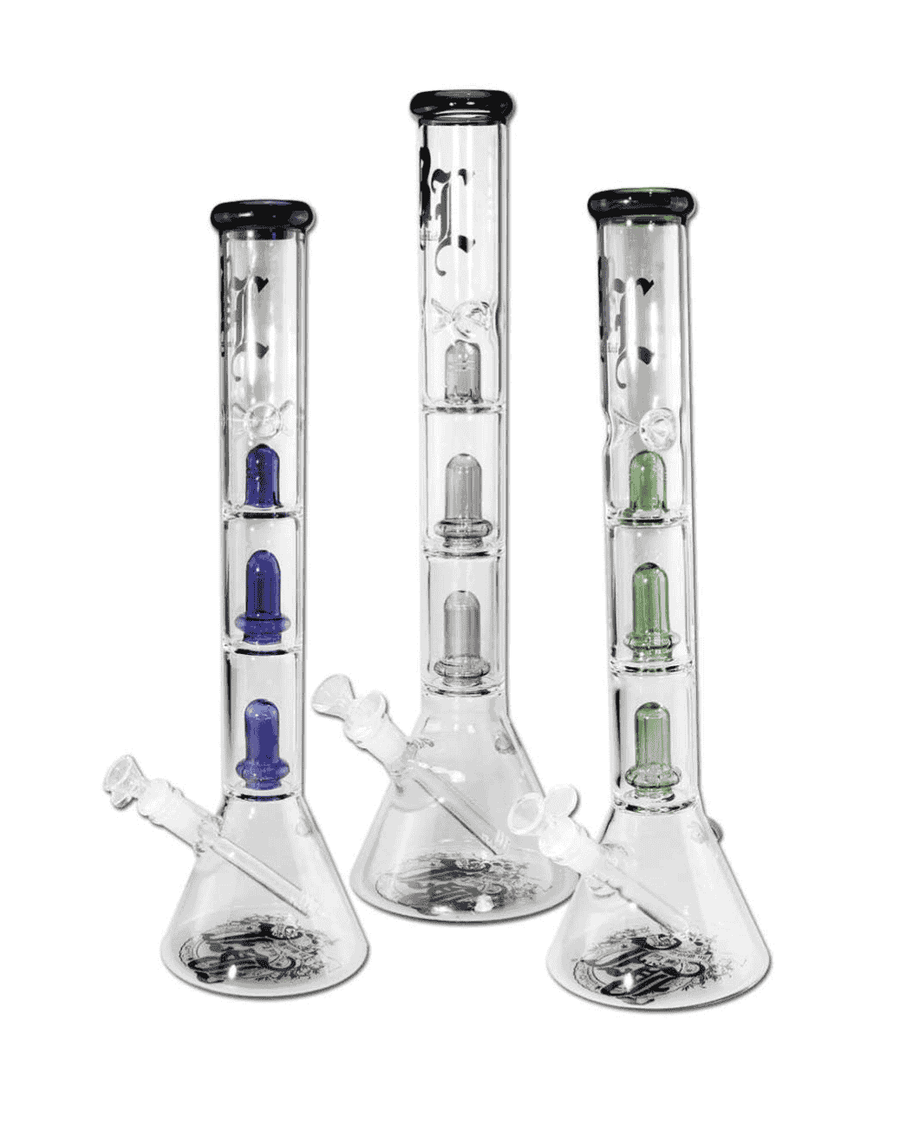 Seitenansicht der BL Beaker Icebong 2x Ufoperkolator aus blauem Borosilikatglas, Höhe 460mm