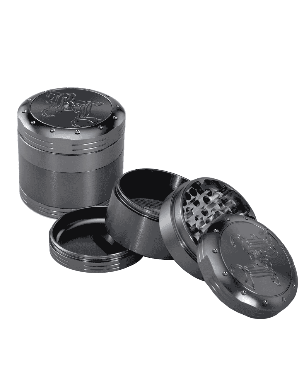 Gesamtansicht des BL Deep Engraving Grinder 4-tlg. in grau mit eingraviertem BL Logo