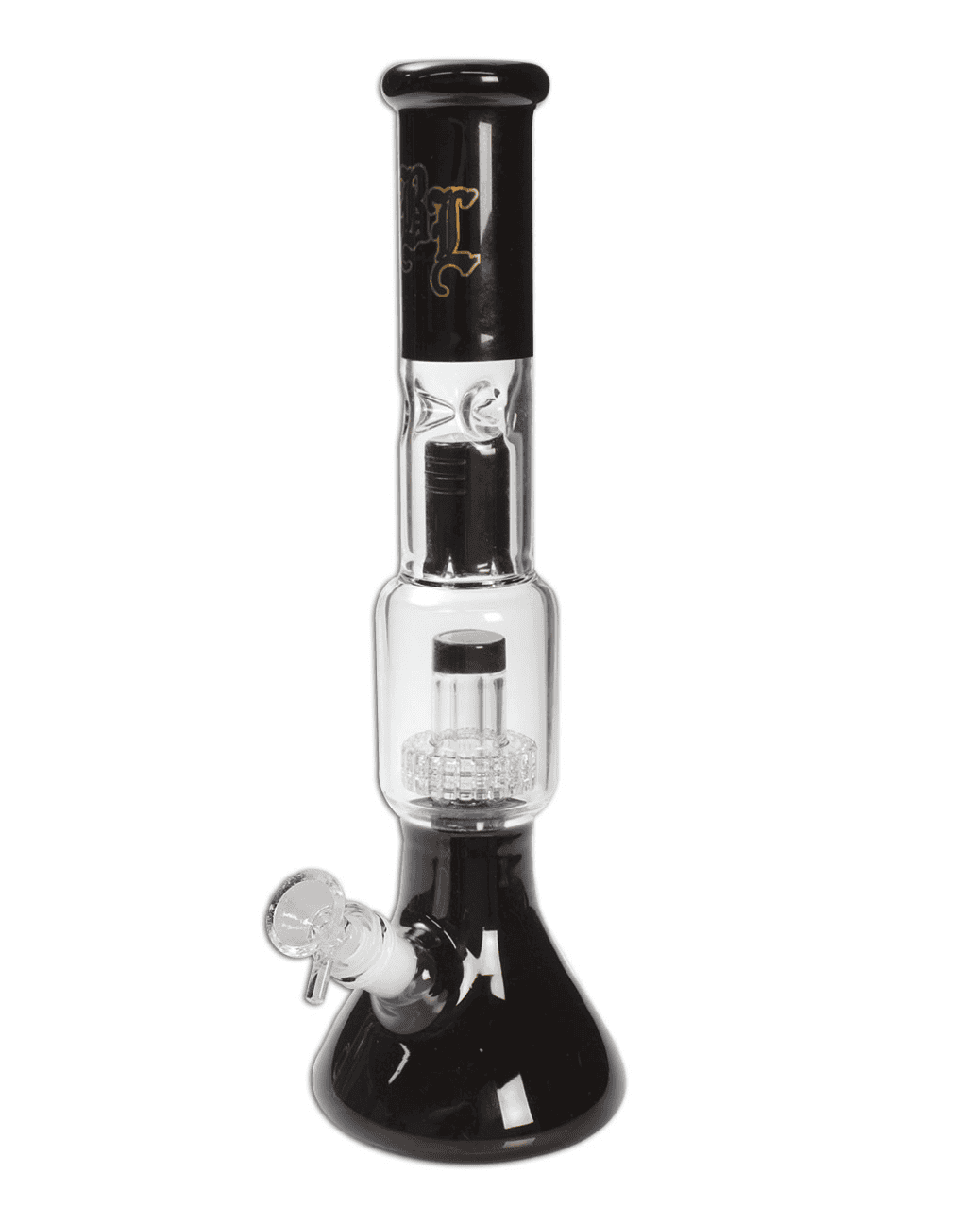 Ansicht der BL Glasbong mit sichtbarem BL-Logo und stabilem Glasdesign