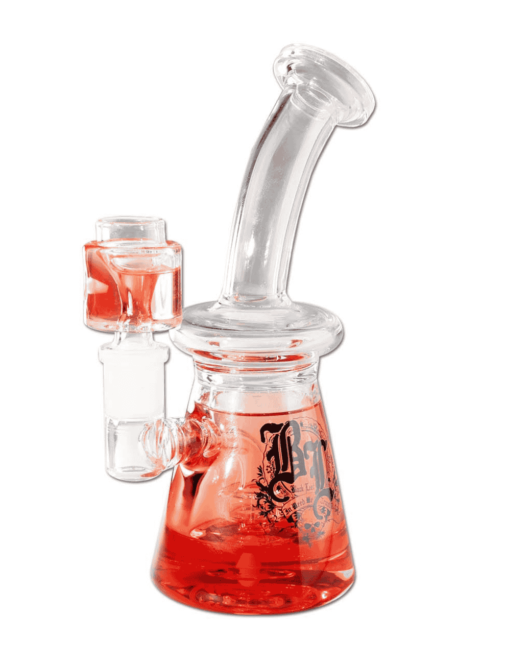 Seitenansicht der BL Liquid Bong mit Trommelperkolator, zeigt die elegante Form und das rote Glas.