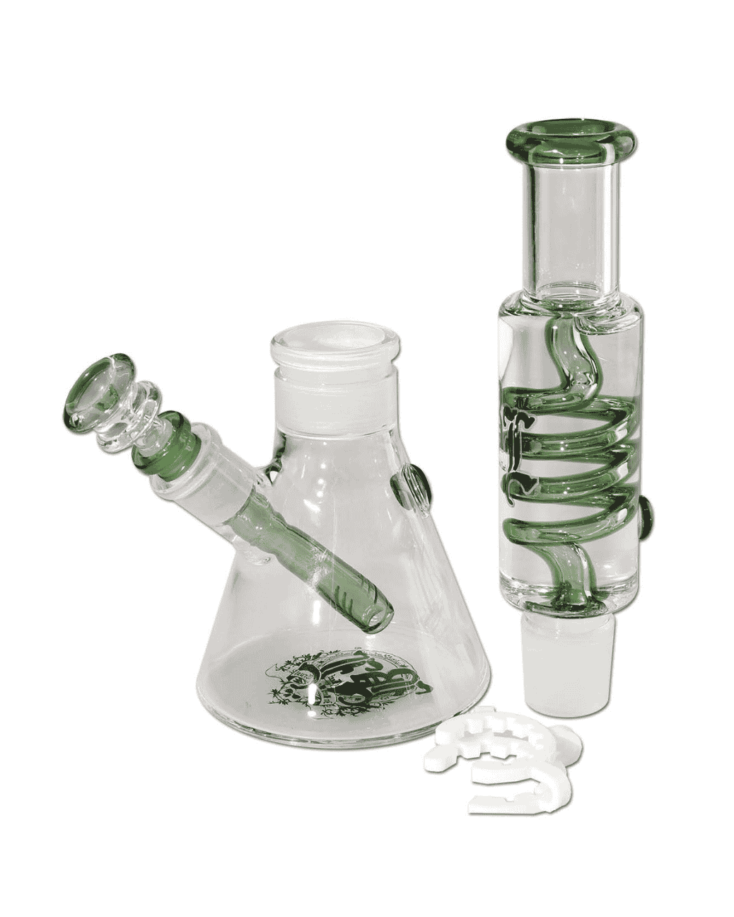 Komplettansicht der BL Liquid Bong mit Spirale, inklusive Schliffklemme und Stopfen