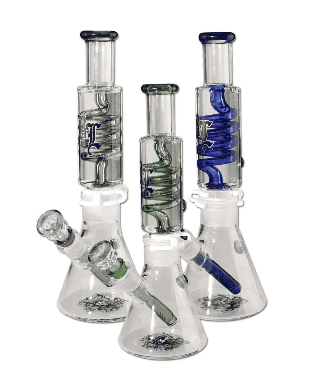 Seitenansicht der BL Liquid Bong mit Spirale aus blauem Borosilikatglas, Höhe 320mm