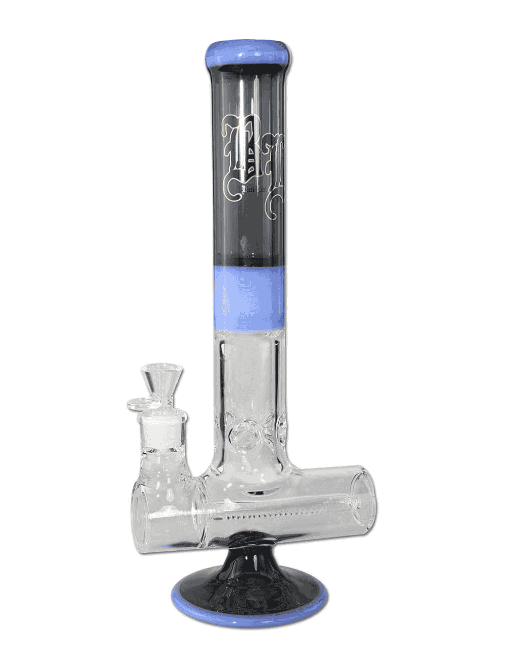 Seitenansicht der BL Nautilus Deluxe Bong aus Borosilikatglas mit Black Leaf Logo und Inline Slit Diffusor