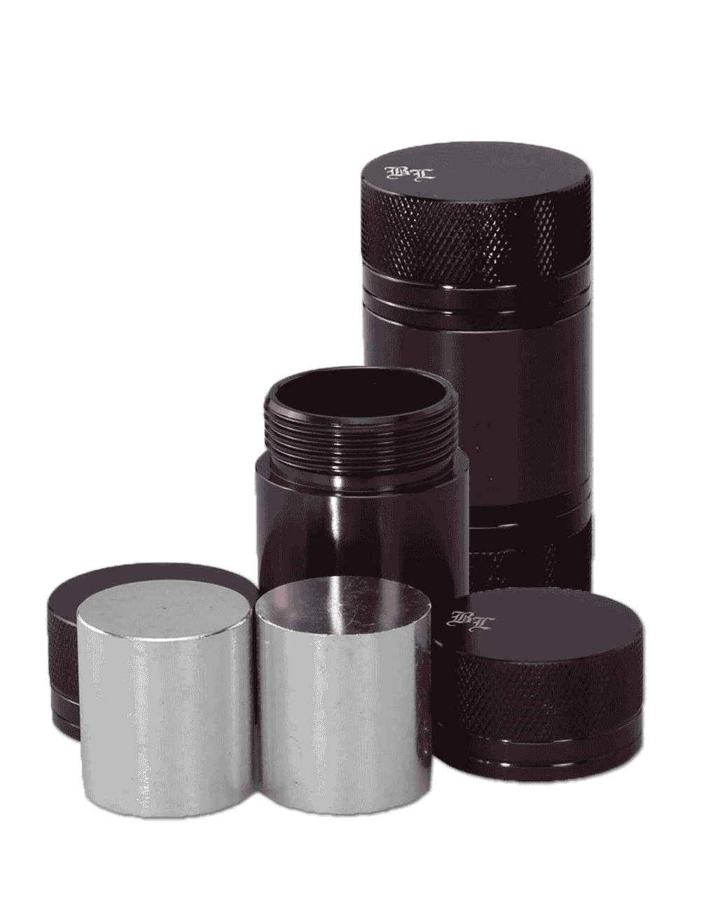 Vorderansicht der BL Pollenpresse L-Size aus Aluminium in der Farbe Aubergine mit BL-Logo.