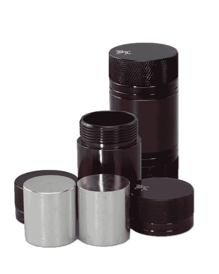 Vorderansicht der BL Pollenpresse L-Size aus Aluminium in der Farbe Aubergine mit BL-Logo.