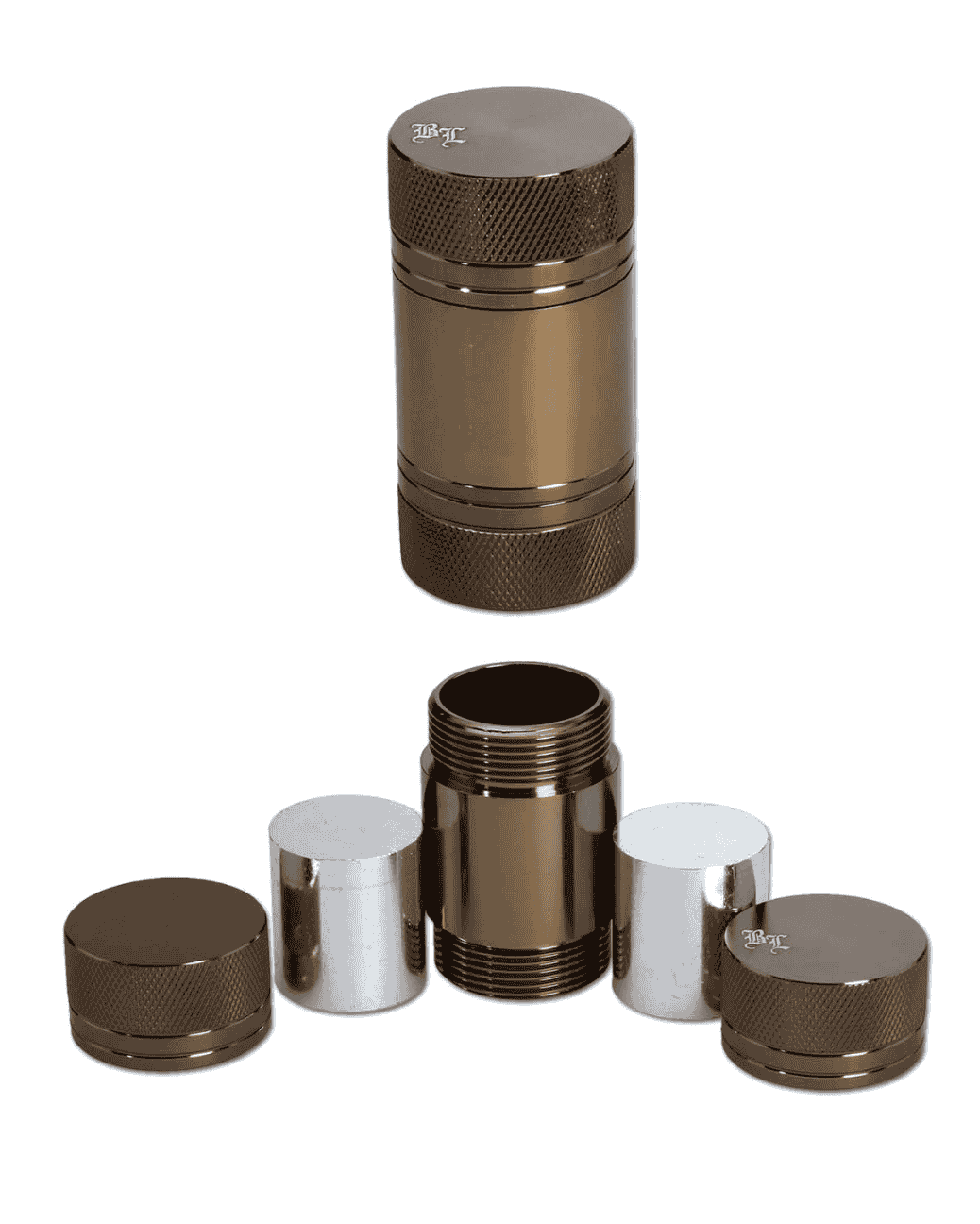 Frontansicht der BL Pollenpresse L-Size aus Aluminium in amber mit BL-Logo