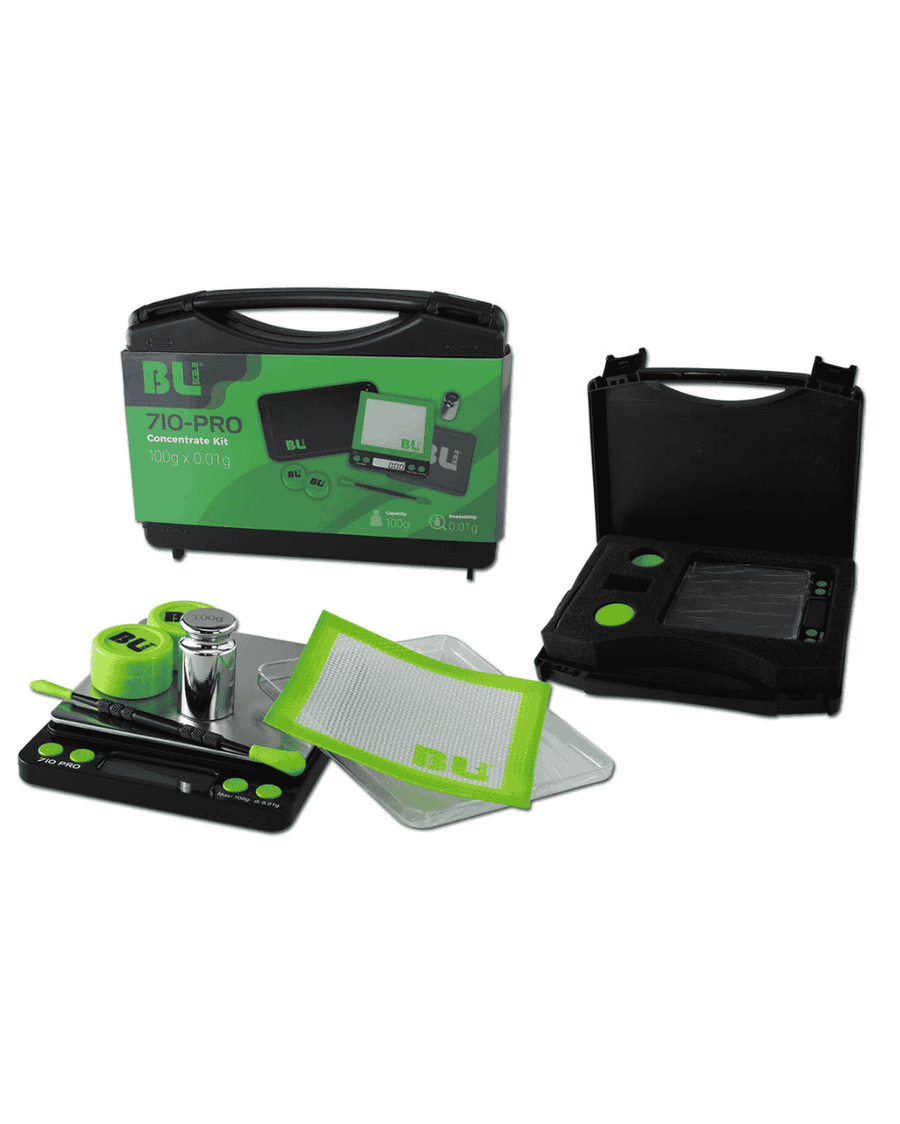 Gesamtansicht der BLscale 710-Pro Waage mit Zubehör und Verpackung