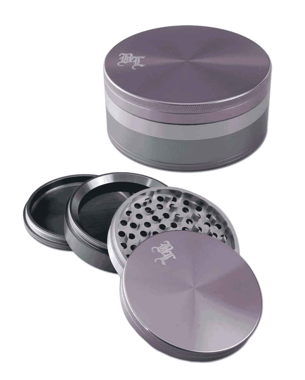 Seitenansicht des Black Leaf Aluminium Grinders in multicolor mit hellblau, lila und grau Farbtönen.
