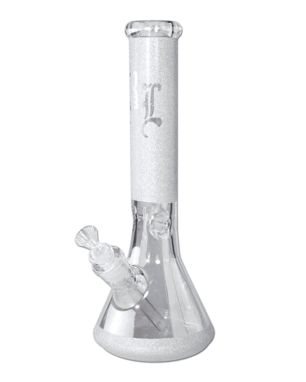 Frontansicht der Black Leaf Beaker Ice Glitzy Glitter Bong aus Borosilikatglas mit regenbogenfarbenem Glitzer