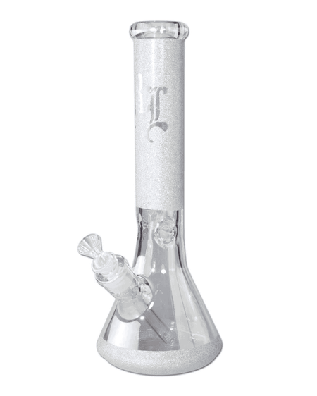 Frontansicht der Black Leaf Beaker Ice Glitzy Glitter Bong aus Borosilikatglas mit regenbogenfarbenem Glitzer