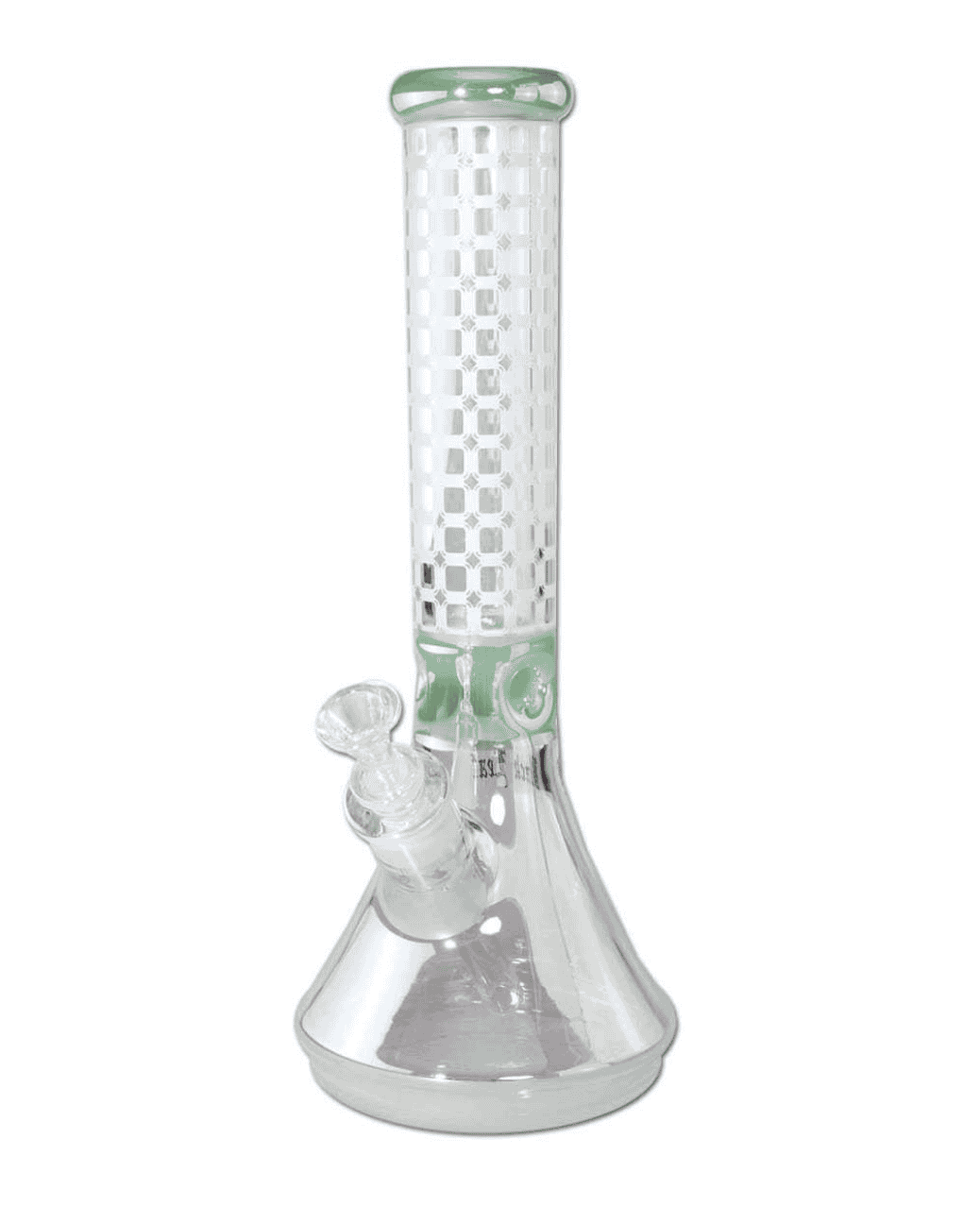Frontansicht der Black Leaf Beakerbong Ice aus Borosilikatglas, jadefarben mit regenbogenfarbenem Schimmer und sandgestrahltem geometrischem Muster.