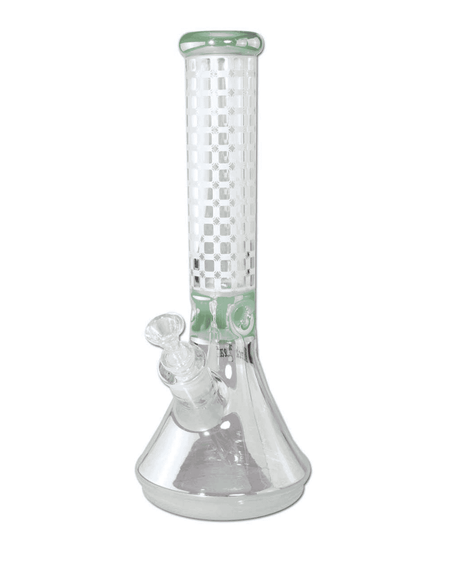 Frontansicht der Black Leaf Beakerbong Ice aus Borosilikatglas, jadefarben mit regenbogenfarbenem Schimmer und sandgestrahltem geometrischem Muster.