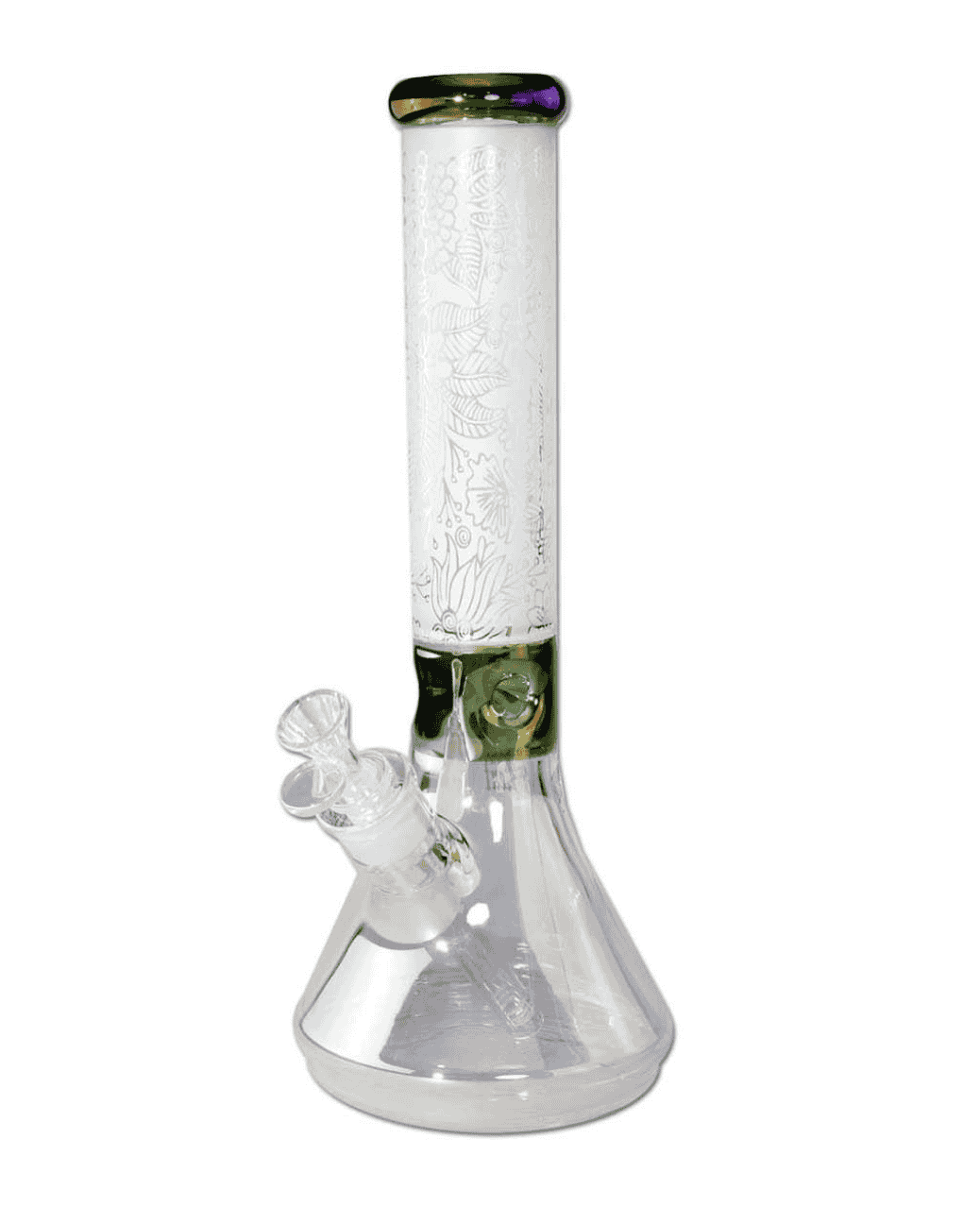 Vorderansicht der Black Leaf Beakerbong Ice aus Borosilikatglas mit sandgestrahltem floralem Muster