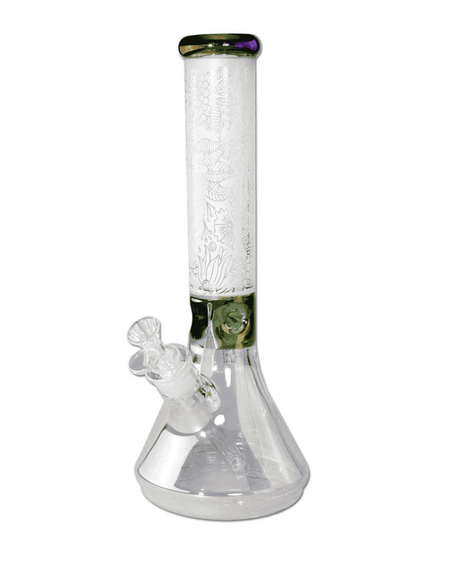 Vorderansicht der Black Leaf Beakerbong Ice aus Borosilikatglas mit sandgestrahltem floralem Muster