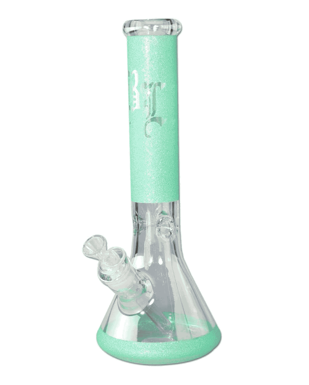 Frontansicht der Black Leaf Beakerbong Ice Glitzy Glitter aus Borosilikatglas, grün und regenbogenfarben