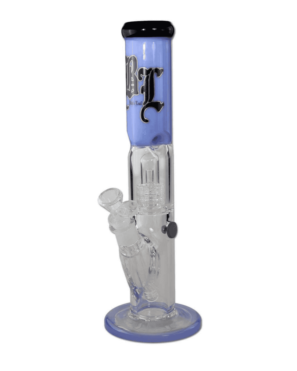 Komplettansicht der Black Leaf Blue Hour2 Zylinderbong Ice Trommel aus Borosilikatglas in hellblau mit BL Logo.