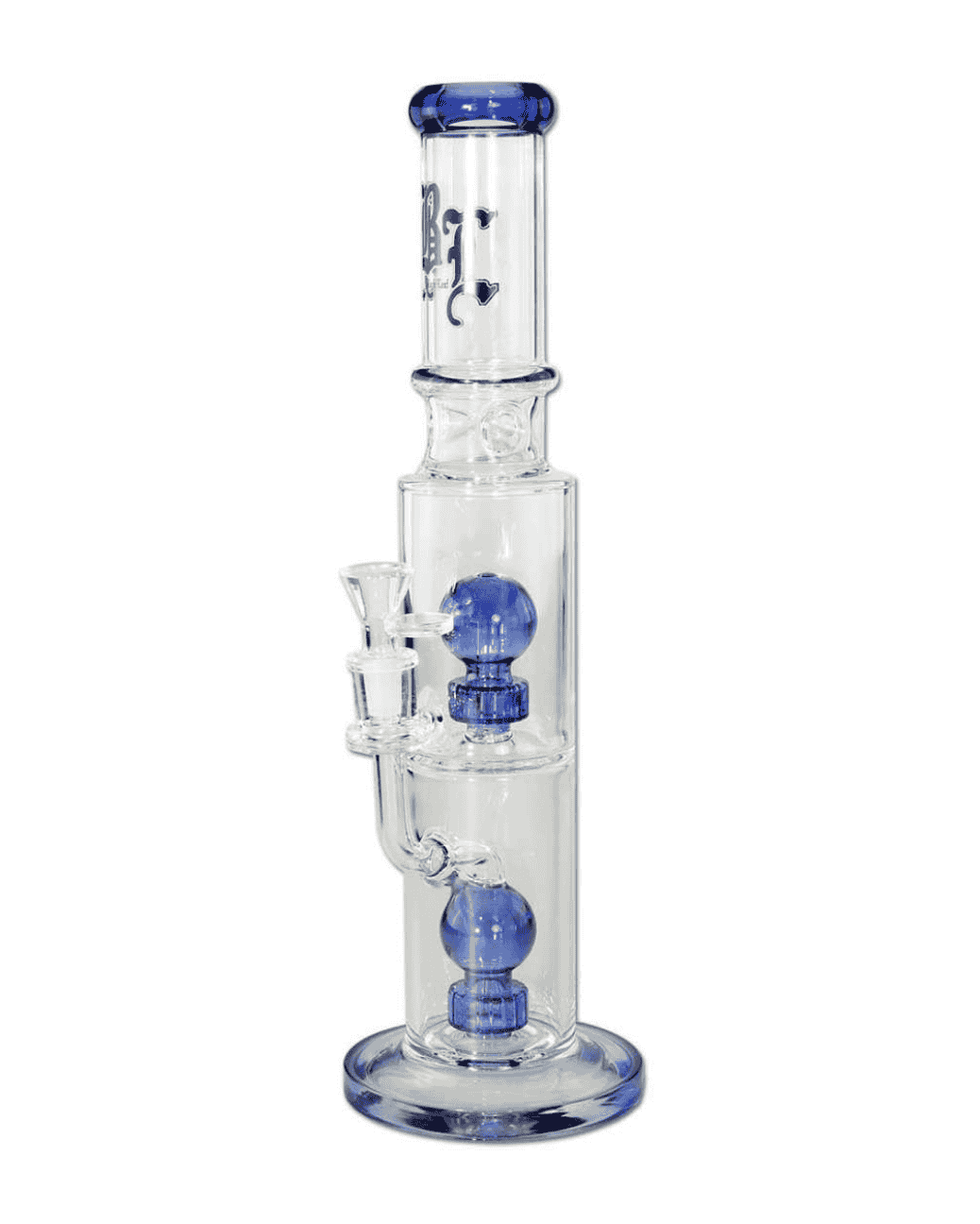 Gesamtansicht der Black Leaf Blue Hour Ice Doppelperkolator Bong aus Borosilikatglas, Höhe 370mm