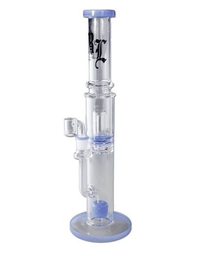 Seitenansicht der Black Leaf Bong mit Keg und Ufo Perkolator aus hellblauem Borosilikatglas