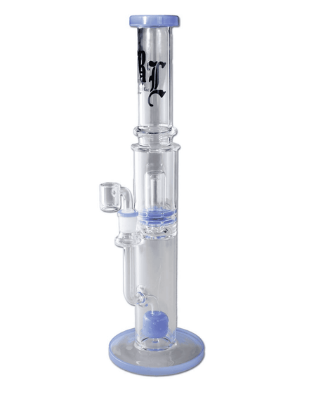 Seitenansicht der Black Leaf Bong mit Keg und Ufo Perkolator aus hellblauem Borosilikatglas